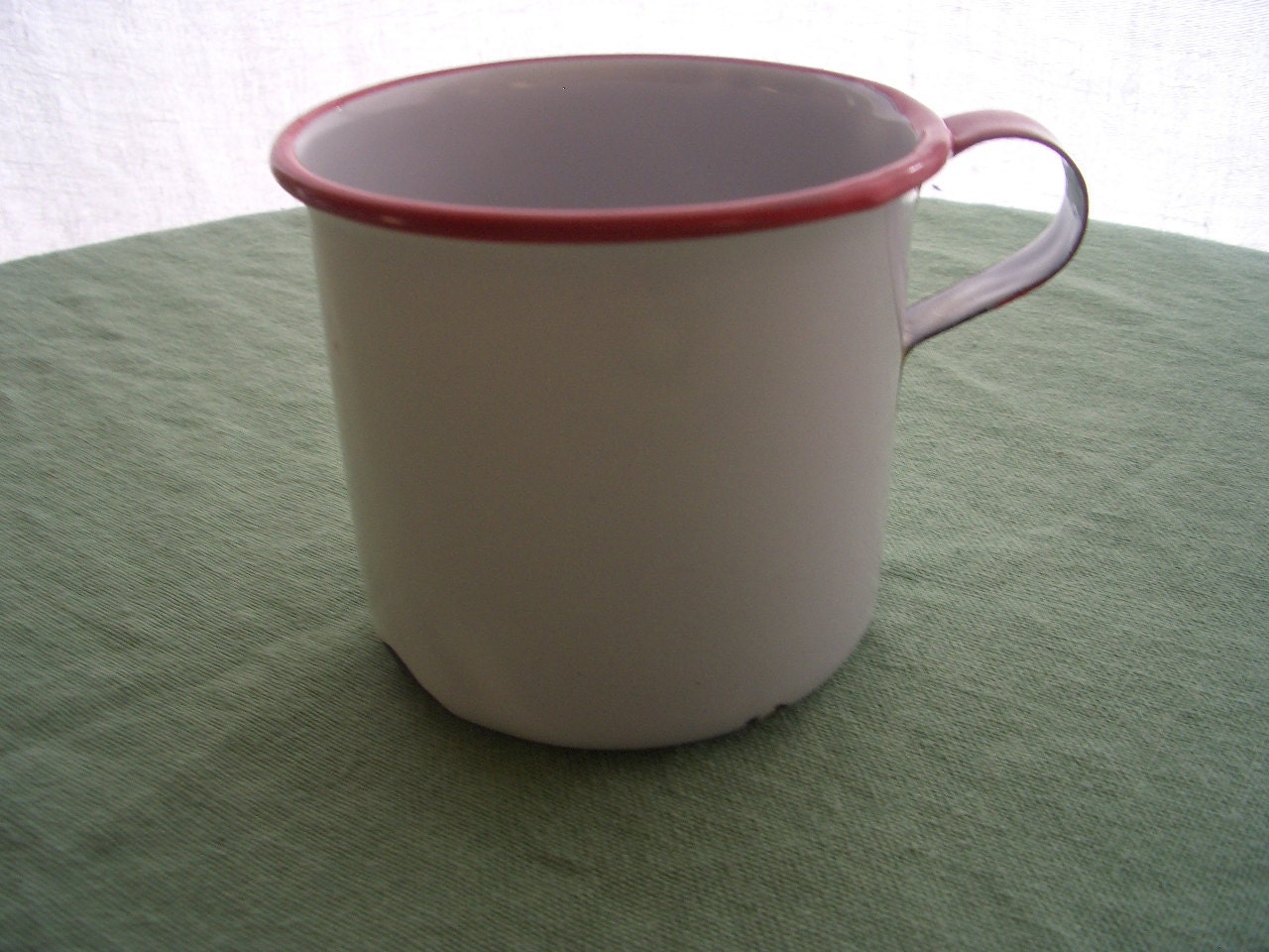 Vintage Enamelware Mug Cup Red Trim Chippy