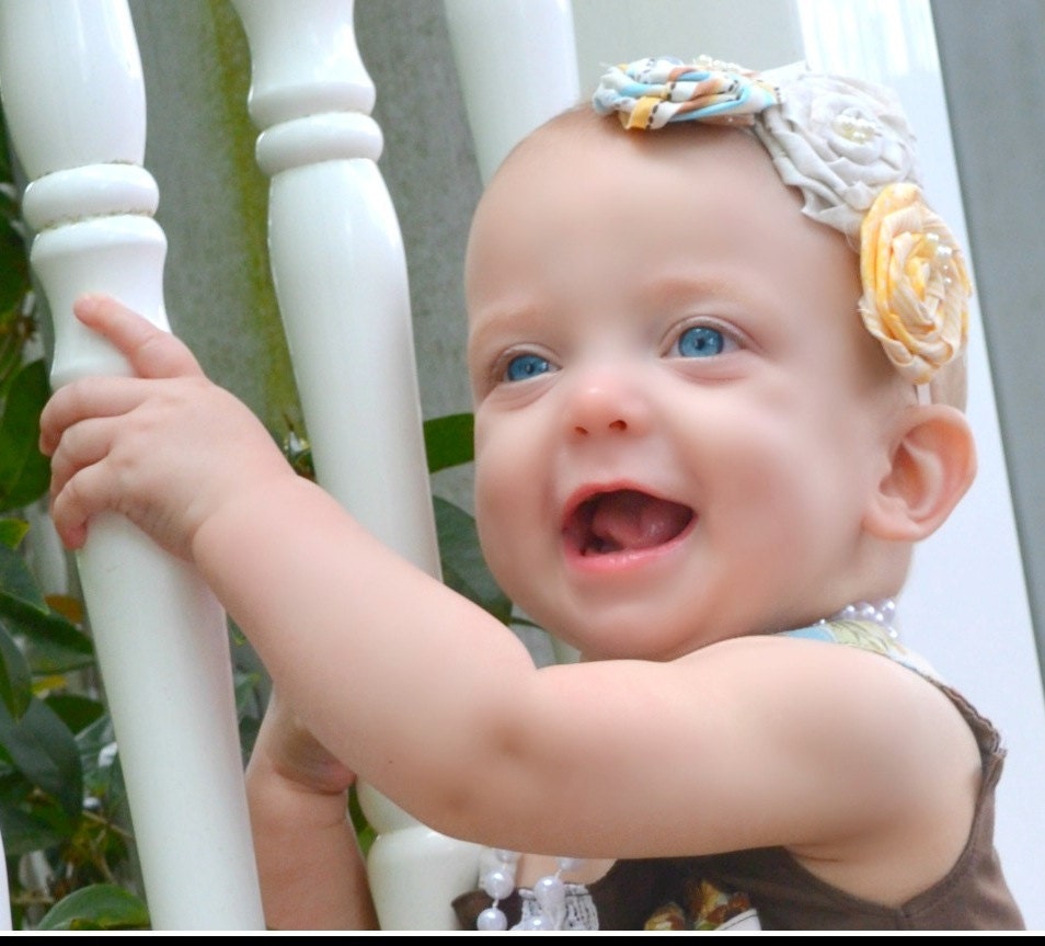 Tan Brown And Aqua Rolled Rosette Headband