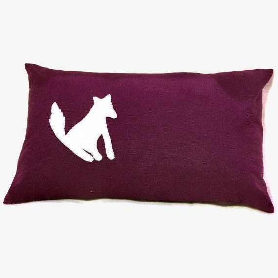 Plum linen pillow cover with wool felt fox applique