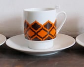 Set of Three Vintage 1970s Orange and Brown Melitta Coffee cups and saucers Germany