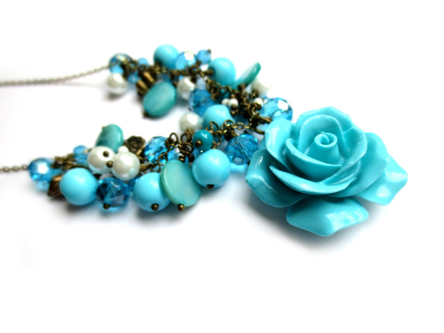 Turquoise Cluster Rose Antique Brass Necklace