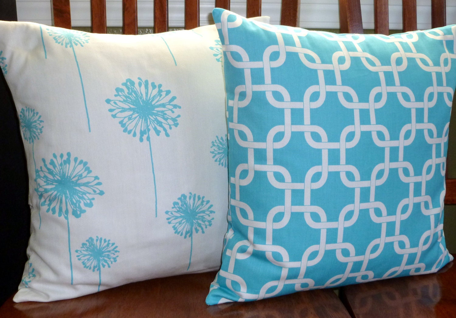 Decorative Pillow Covers in Aqua and White -Two 18 Inch