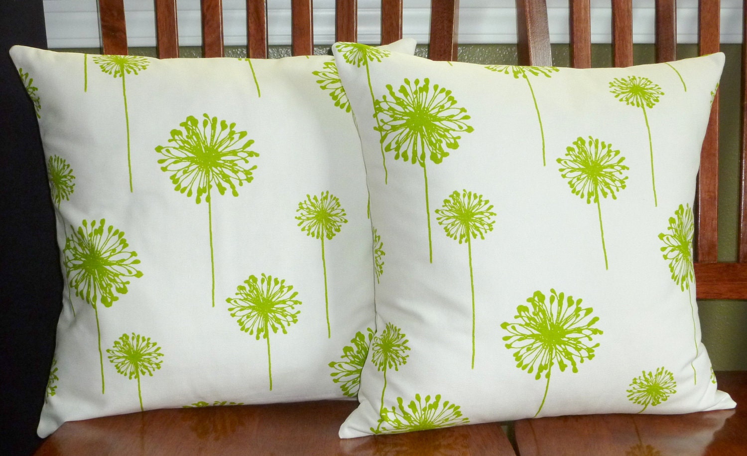 Decorative Accent Throw Pillow Covers - Two Lime Green and White Dandelion 18 Inch