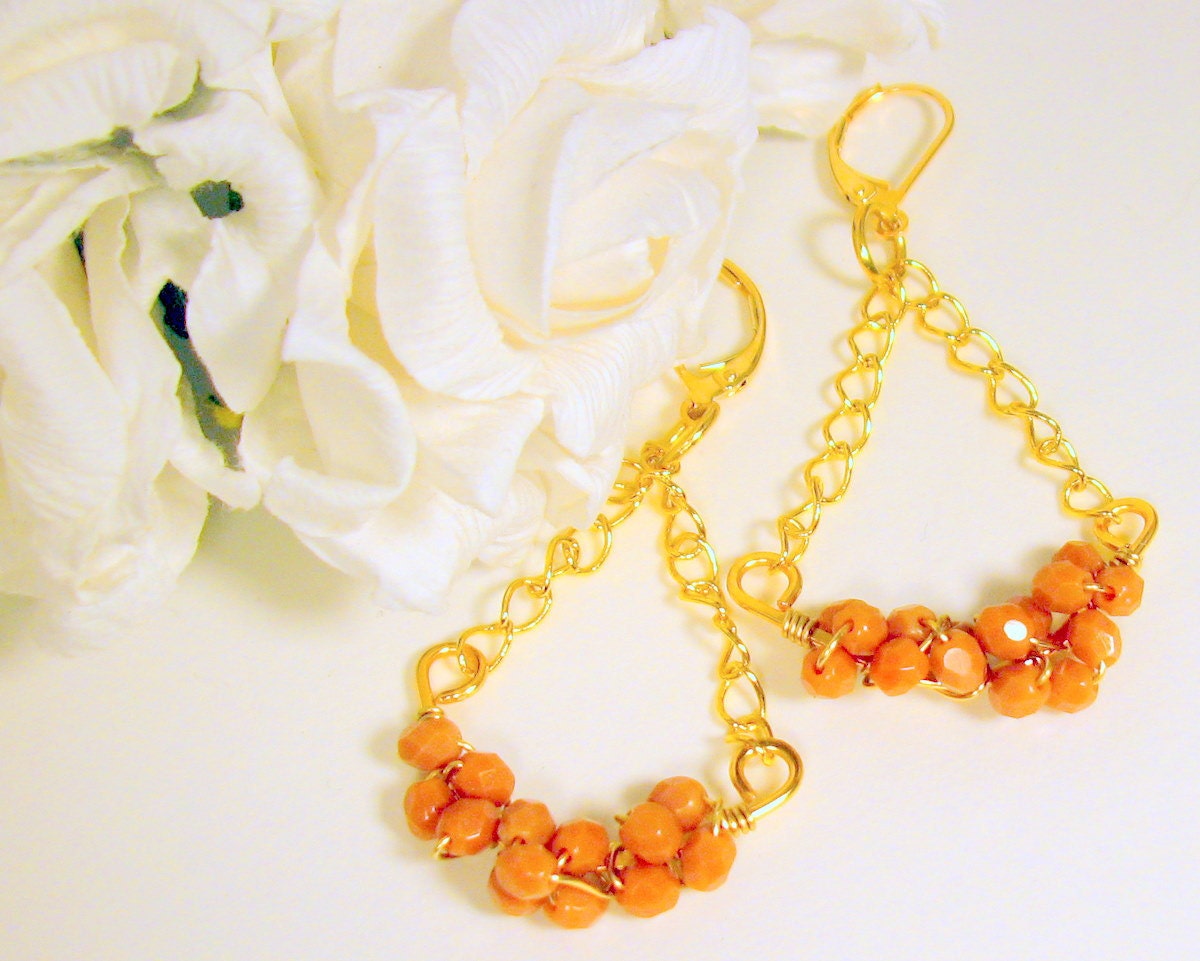 Chandelier Earrings Hand Wrapped Carmel Beaded Gold