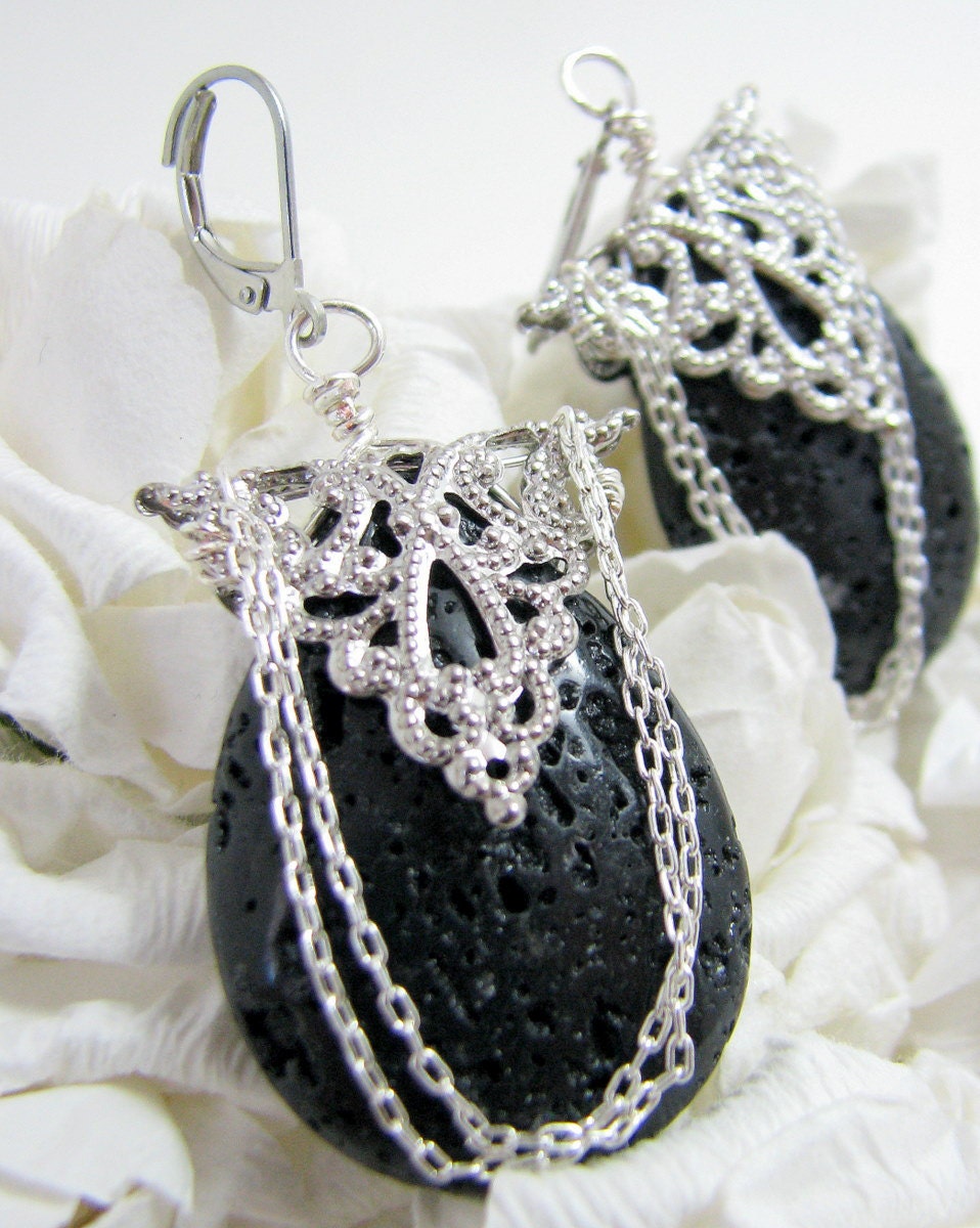 Chandelier Earrings, Lava Briolette, Silver Filigree
