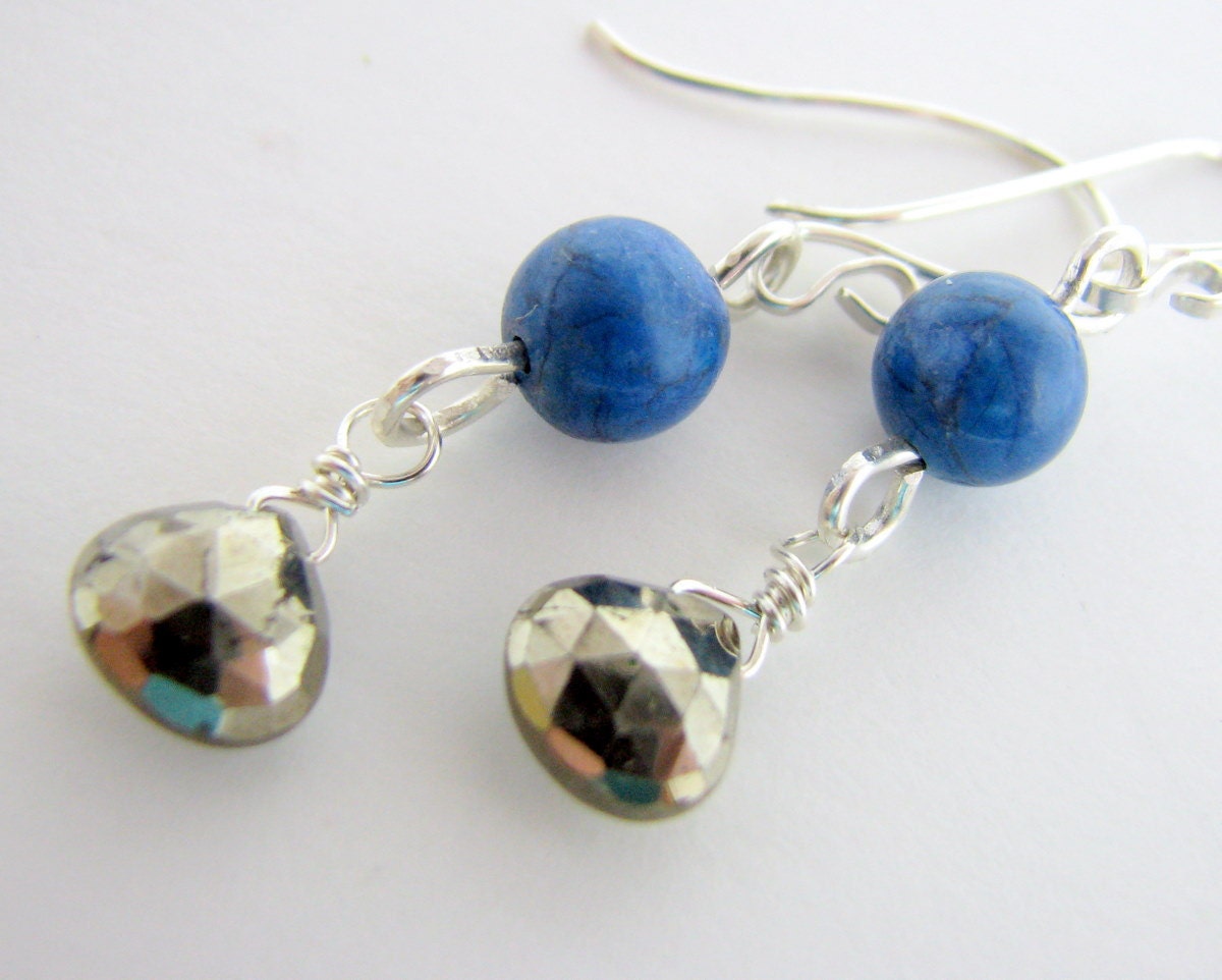 Earrings, Dangle, Lapis and Pyrite on Sterling Silver
