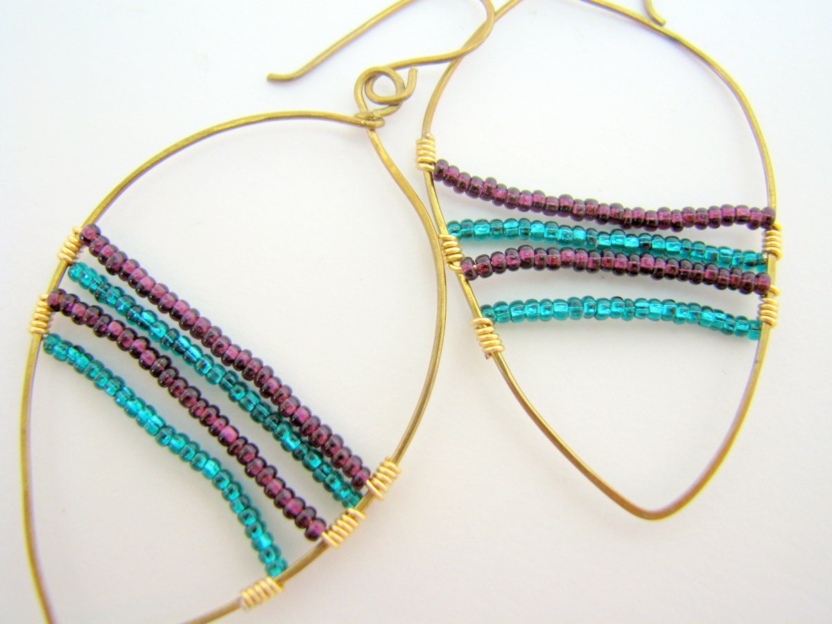 Gold Hoop Earrings Purple Teal Glass