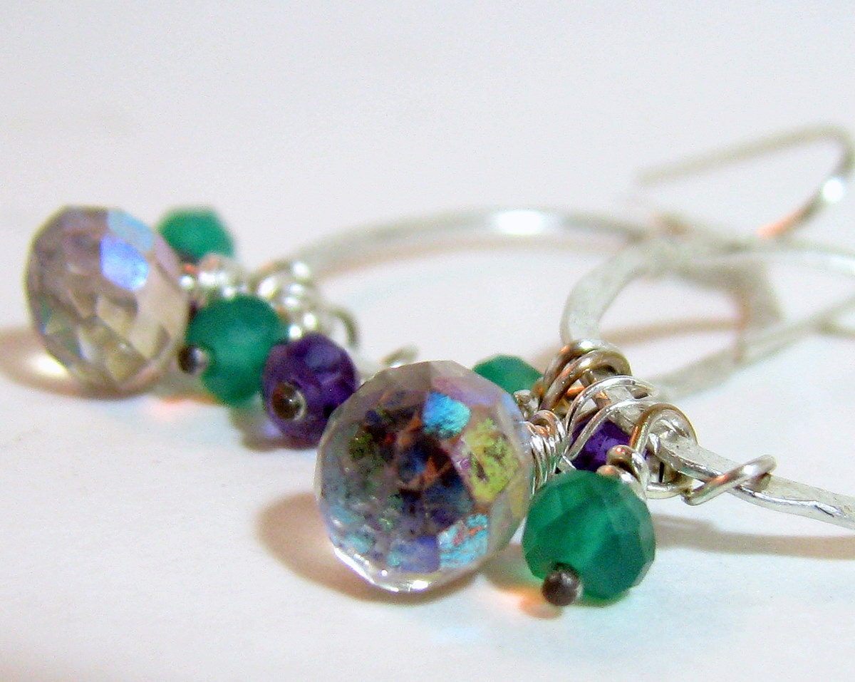 Gemstone Chandelier Earrings, Sterling Silver, Purple, Green, Iridescent