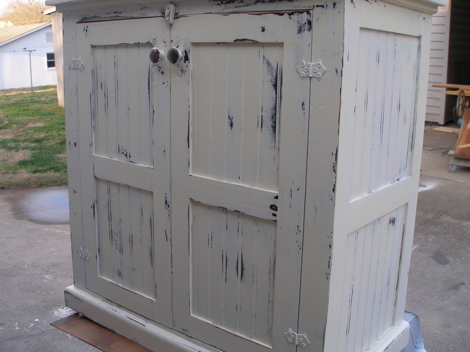 Cabinet, storage, cream distressed, shabby chic