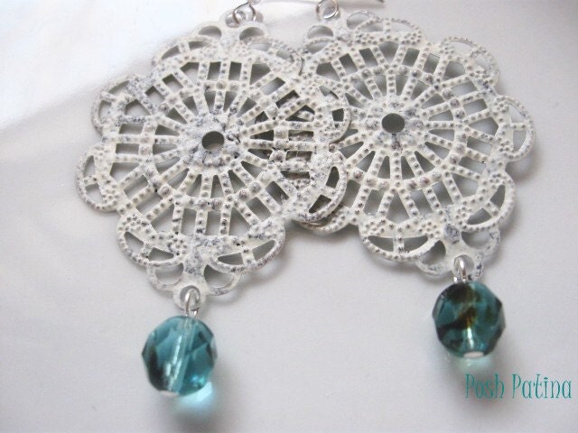 Distressed White Earrings, Chandelier, Hand Painted, Shabby Chic, Blue Czech Glass, Cottage Chic, Filigree, Gift for Her