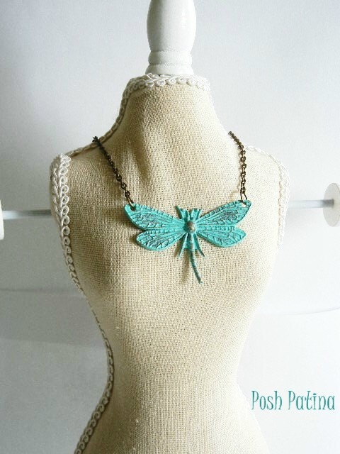 Dragonfly Necklace, Rustic Verdigris, Hand Painted, Shabby Chic, Nature Inspired, Woodland, Gift for Her