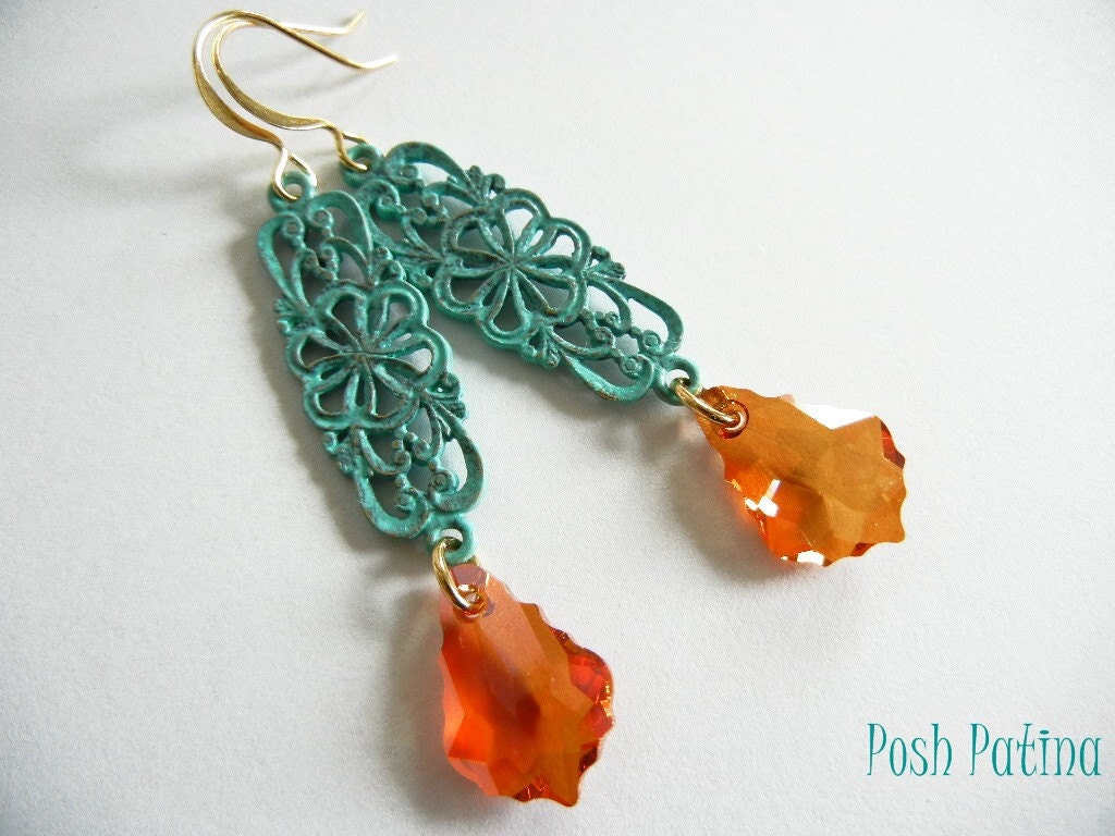 Orange Spice and Rustic Verdigris Earrings, Dangle, Baroque Swarovski Earrings, Hand Painted, Filigree Earrings, Flower, Gift for Her