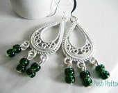 Celtic Chandelier Earrings, White Filigree Earrings, Dangle, Hand Painted, Emerald Green, St. Patrick's Day, Gift for Her
