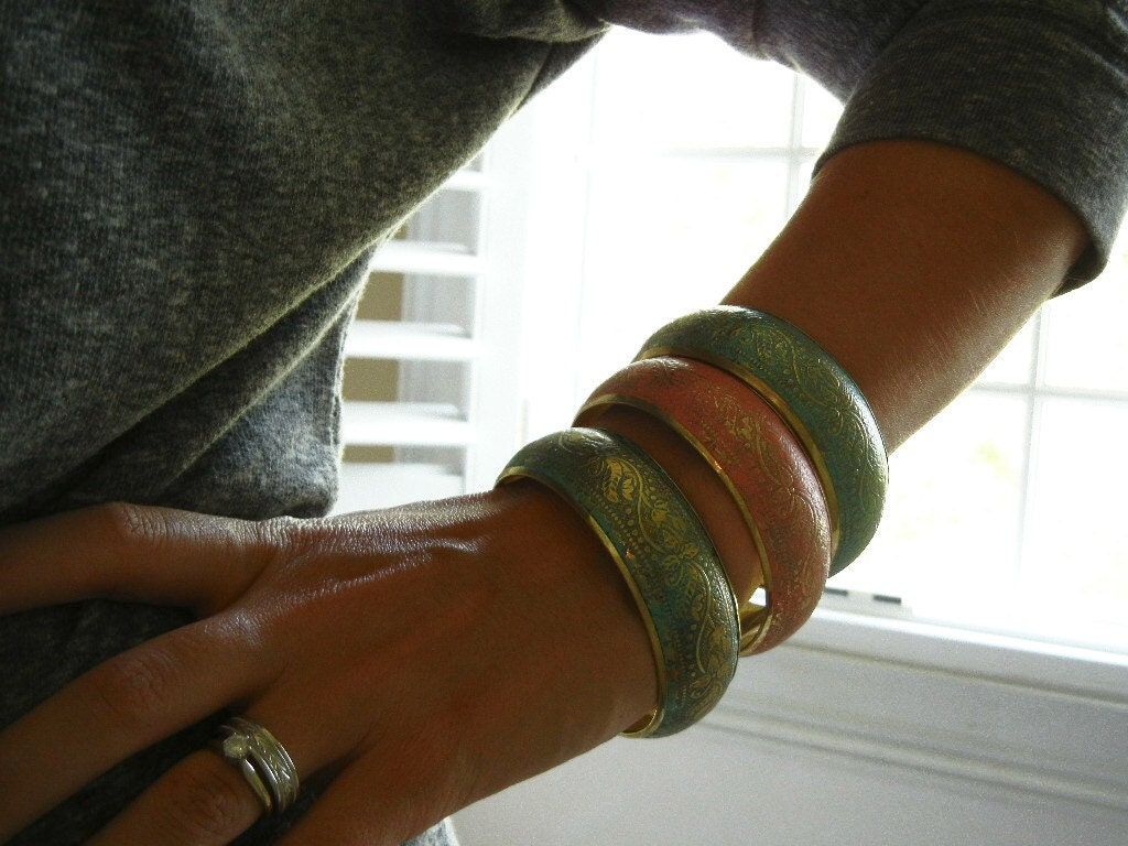 Floral Patina Bracelet, Bangle, Verdigris, Melon, Hand Painted, Brass, Flower Bracelet, Distressed, Gift for Her