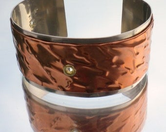 50 OFF Sale Cuff Bracelet Riveted Embossed Copper and Nickel Wide