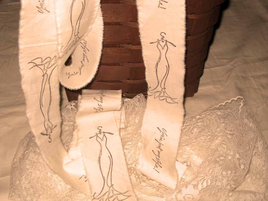 Vintage Hand Stamped Elegant Dress Muslin Ribbon Adorned with Rhinestone Matching Gift Tag.