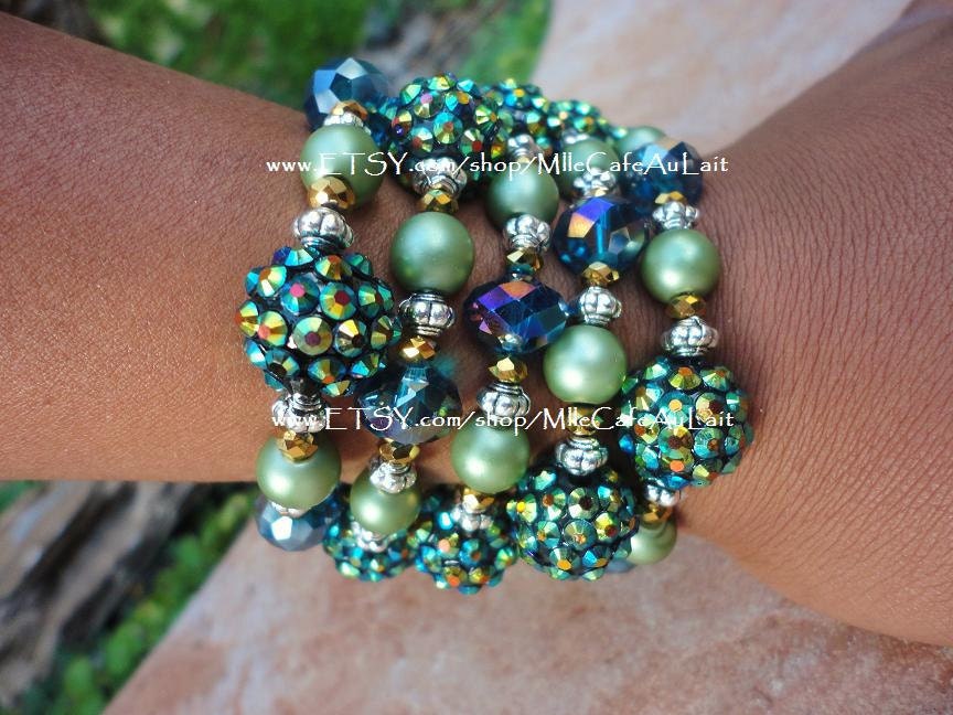 LAST Set Five Bangle Bracelet Set Blue Green Rhinestone, Czech Crystal and Satin Pearl Beads- MERMAID'S TALE