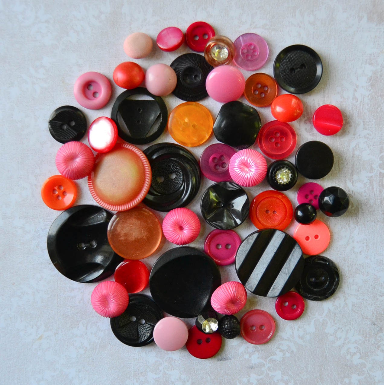 Vintage Button Lot - Black, Pink and Orange Mix 120