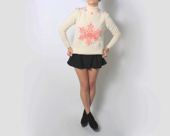 Crochet Sweater Holiday Sweater with Neon Pink Snowflake c. 1970's - size small sm / xs