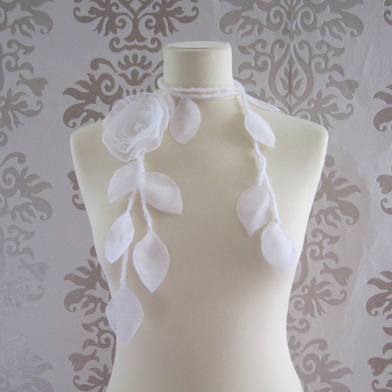 AURORA Ivory White Mohair Flower Lariat Scarf Wedding Head Piece Hair Fascinator Necklace