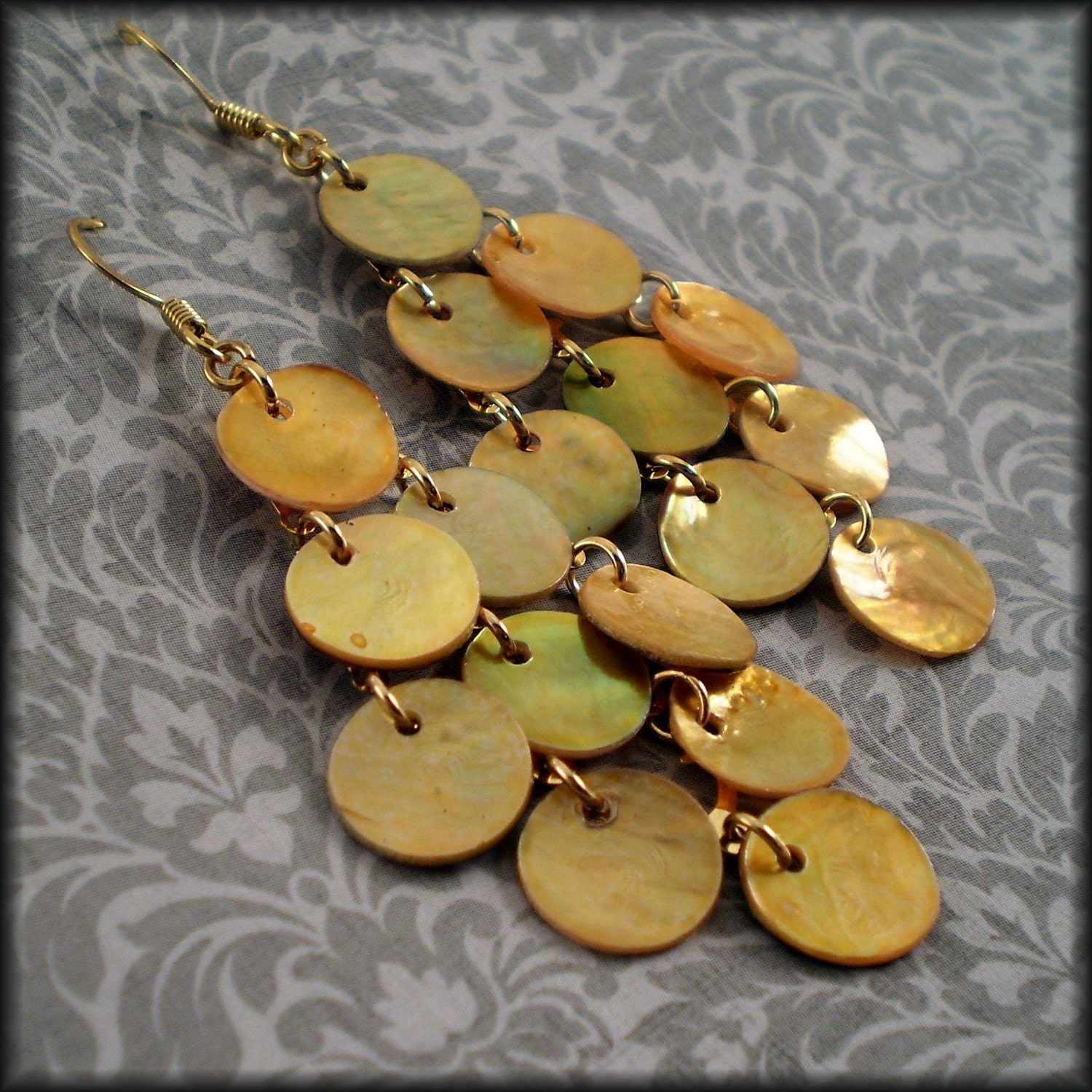 Gold Coin Mussel Shell Chandelier Earrings