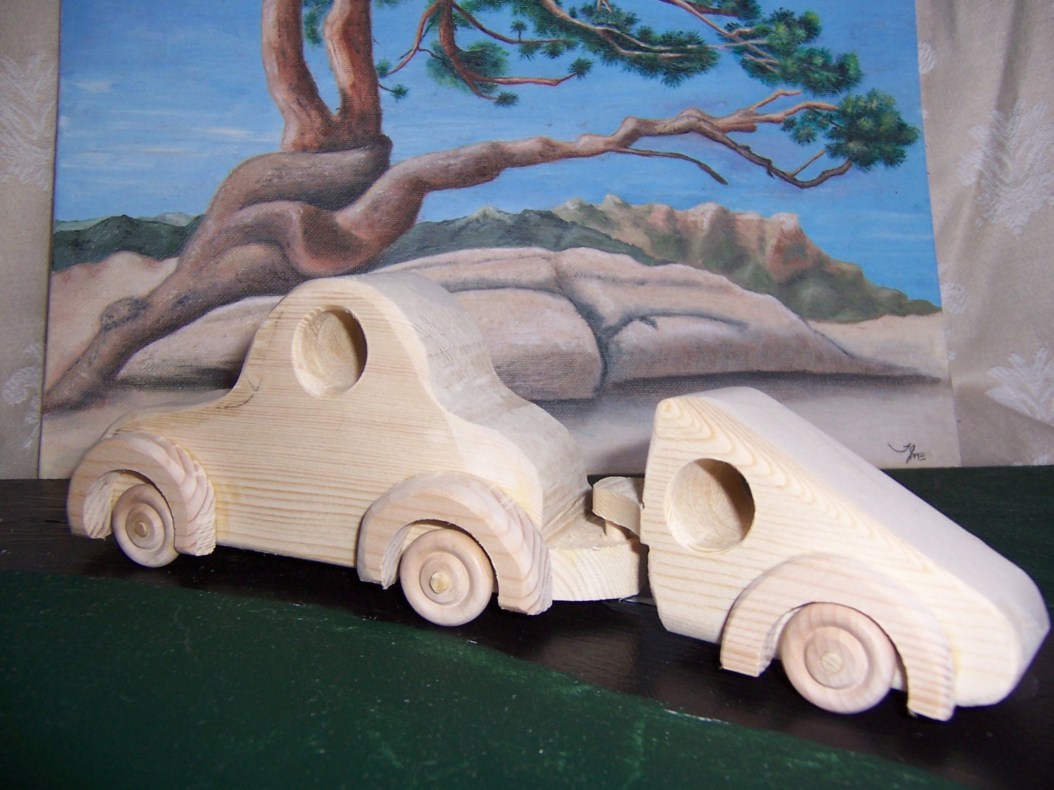 Toy Wood Car with Teardrop Camper for Children