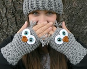 Crochet Owl Fingerless Gloves Wrist Warmers with Aqua Safety Eyes and Soft Ash Gray Acrylic Yarn Size Woman's Regular OR Large