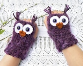 Crochet Owl Fingerless Gloves Wrist Warmers with Purple Safety Eyes and Soft Multi Toned Purple Acrylic Yarn Woman's Sizes