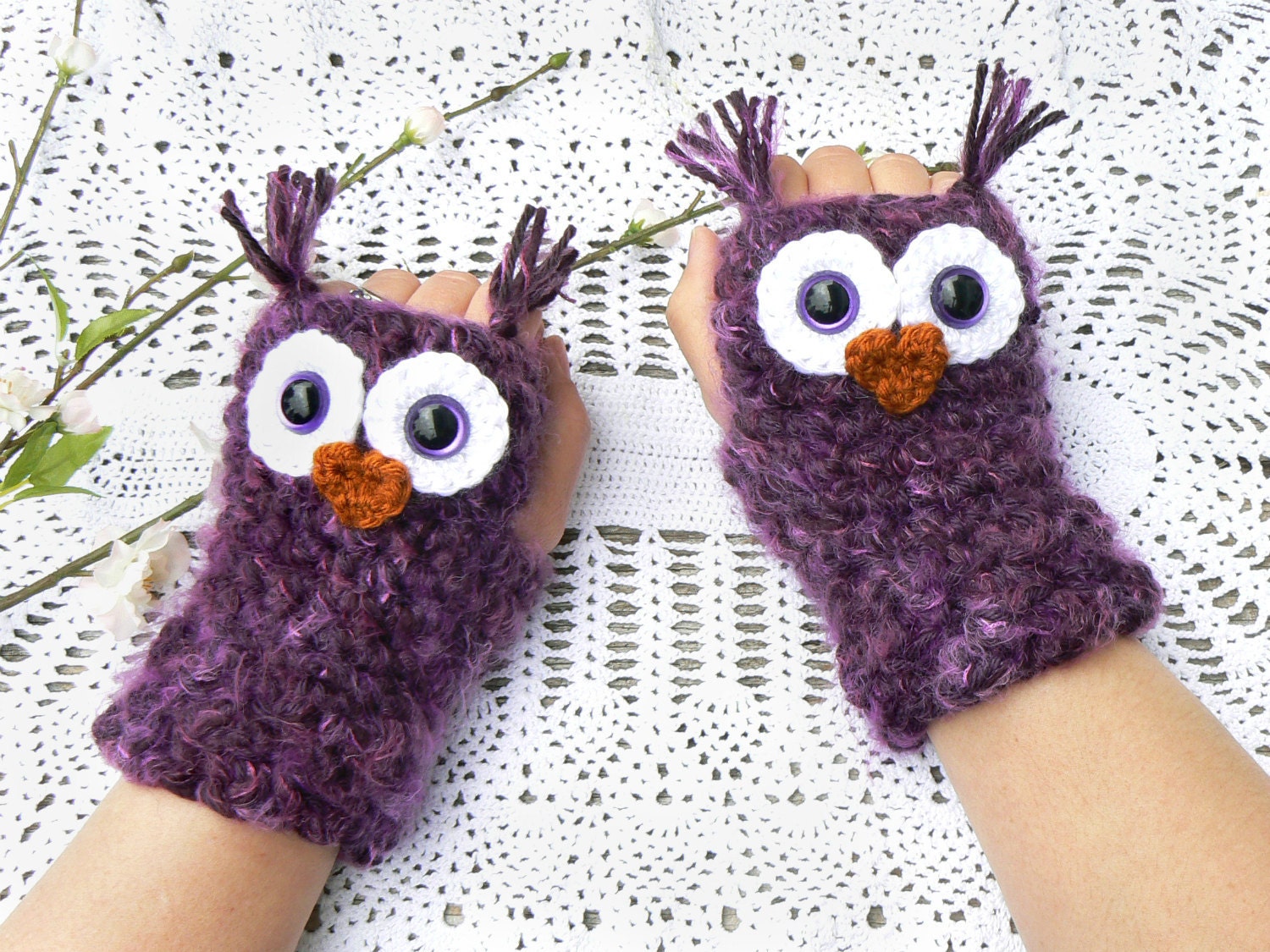 Crochet Owl Fingerless Gloves Wrist Warmers with Purple Safety Eyes and Soft Multi Toned Purple Acrylic Yarn Woman's Sizes