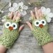 Crochet Owl Fingerless Gloves Wrist Warmers with Green Safety Eyes and Soft Multi Toned Green Acrylic Yarn Woman's Sizes