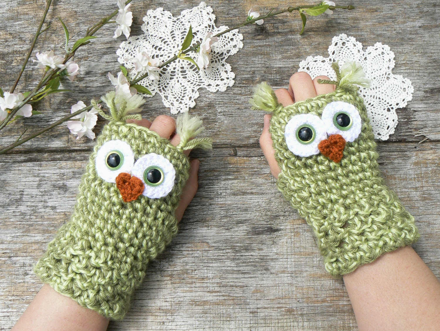 Crochet Owl Fingerless Gloves Wrist Warmers with Green Safety Eyes and Soft Multi Toned Green Acrylic Yarn Woman's Sizes