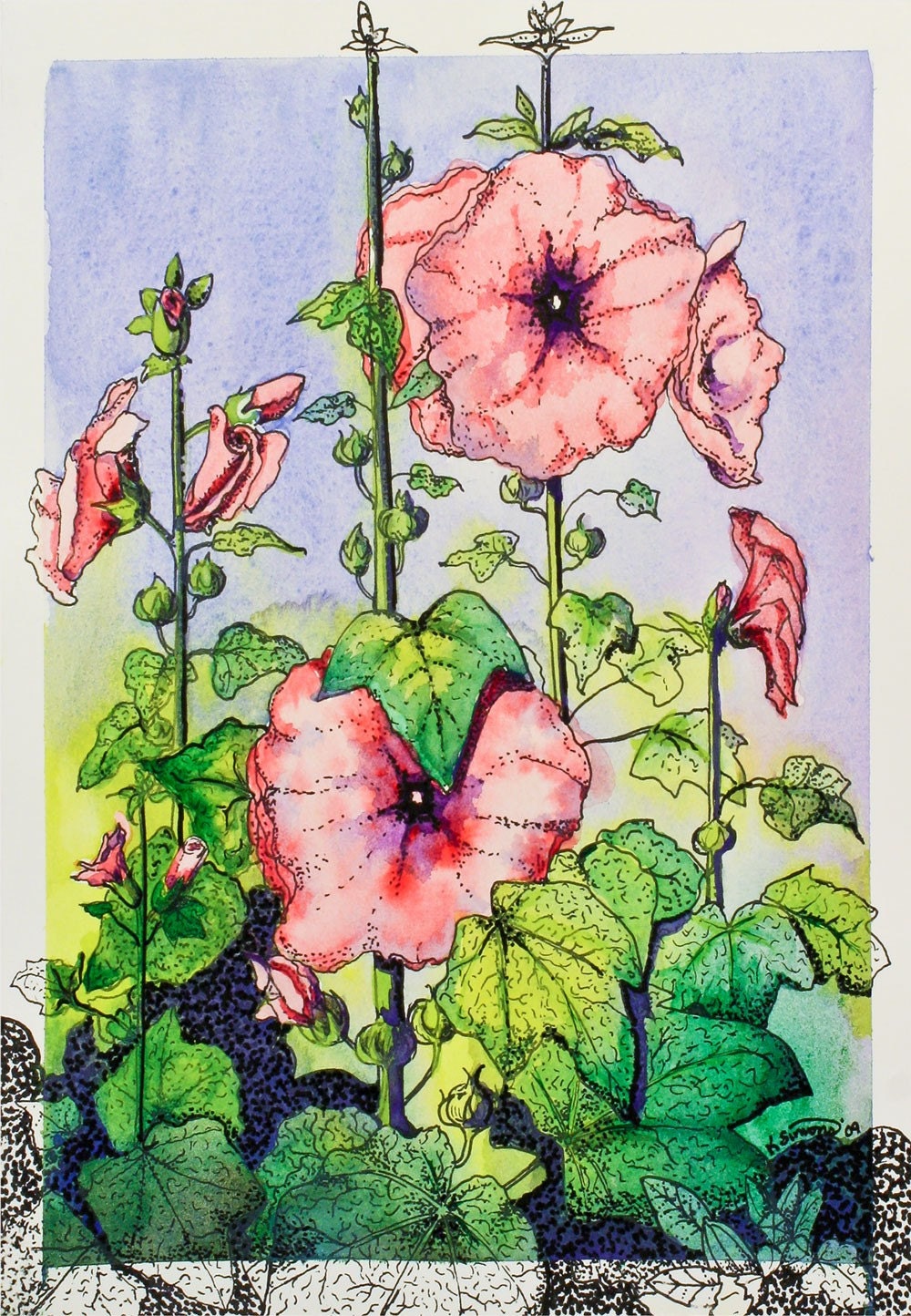 QUALITY PAPER , Quality Ink, Quality Prints, "Hollyhocks" 8X10" signed and numbered watercolor print, guaranteed not to fade or  rumple