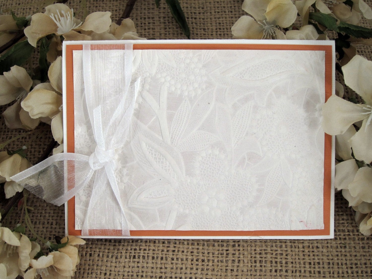 Coral and White Floral Embossed Handmade Card