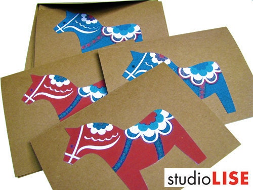 Dala Horse Greeting Cards Set of 4, Swedish Scandinavian - Traditional Dala Decor. Handmade by studioLISE on Etsy. - studioLISE