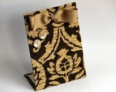 Magnetic Message Board, Free Standing, Magnet Photo Holder, Brown and Tan Fabric, Tan Bow, tan button magnets