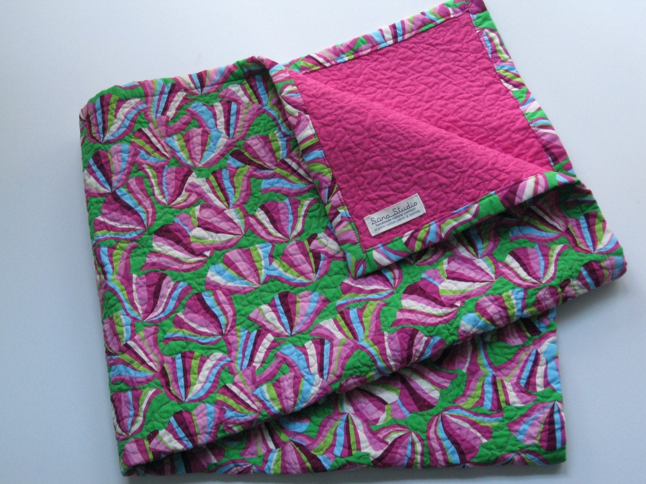 organic baby quilt / handmade / modern / girl / tulips / pink/ green