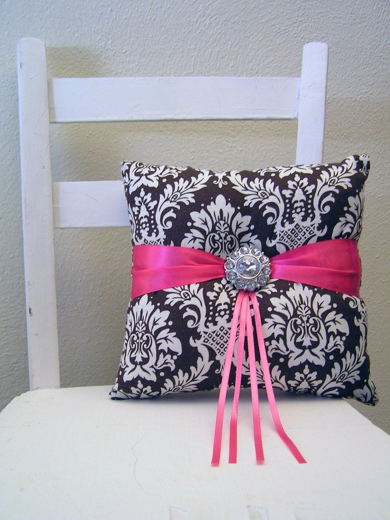 Brown and Pink Damask Ring Pillow