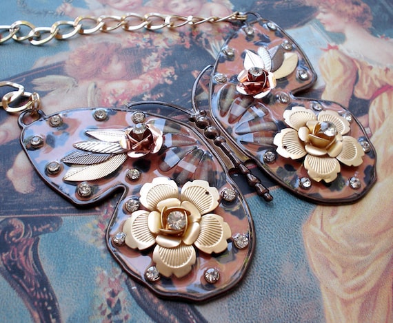 Leopard enamel flower butterfly necklace