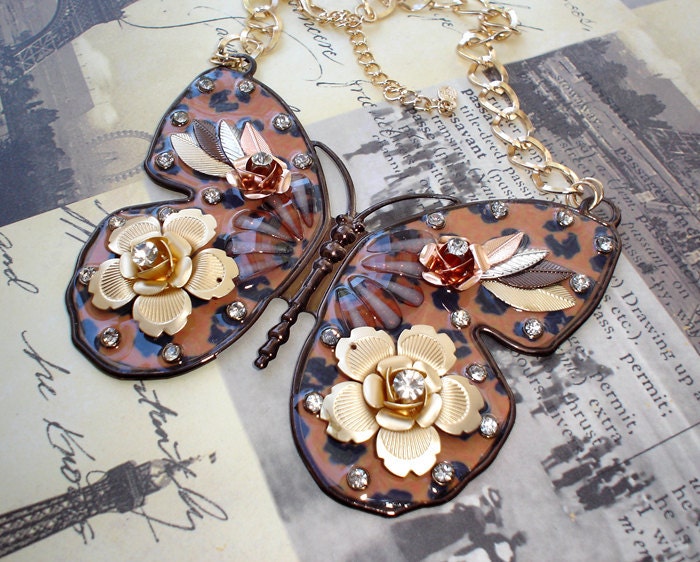 Leopard enamel flower butterfly necklace