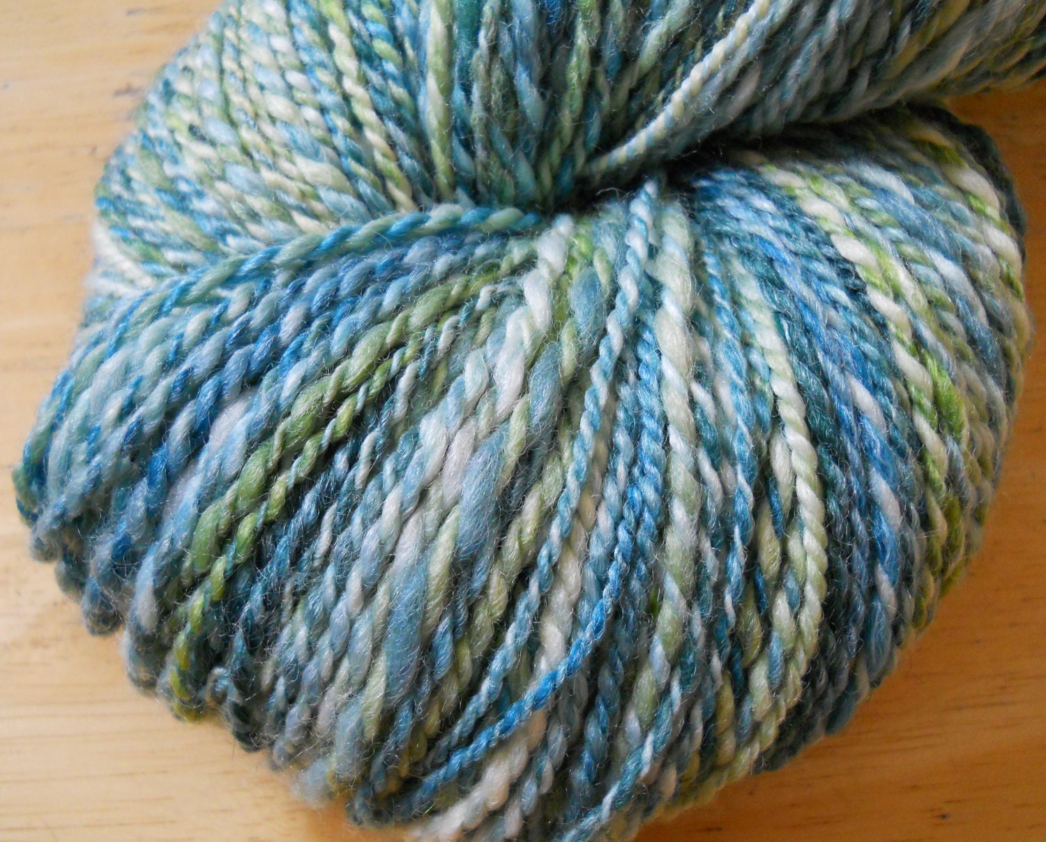 Merino Bamboo Nylon Handspun Yarn in Aqua, Light Green and Cream   DK light worsted