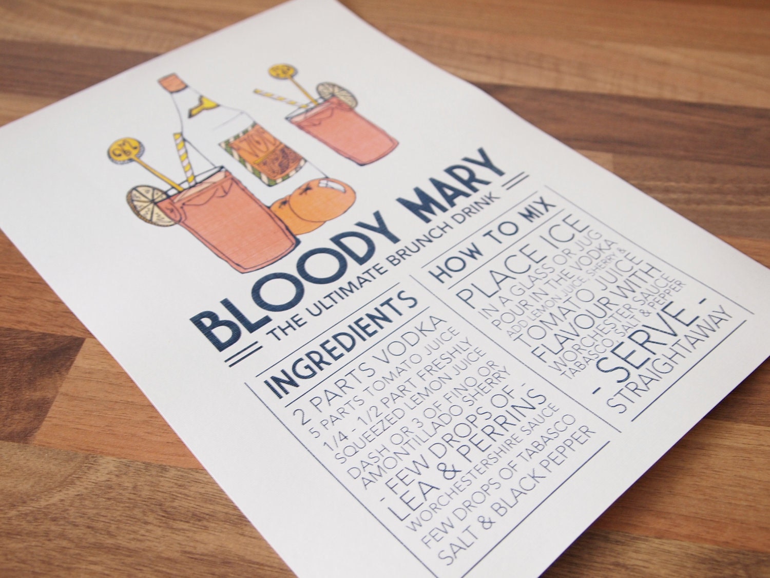 Print Cocktail Recipe Bloody Mary Vintage Art Deco Style Typographic Kitchen Wall Art Gift