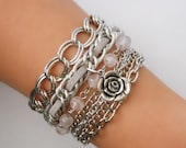 GREY Lou Bracelet with ROSE charm - multichain, rose quartz semiprecious stones,friendship bracelet, layered bracelet