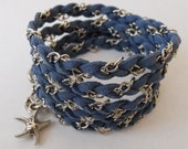 Denim Blue TWIST friendship bracelet, charm bracelet, wrap around bracelet, braided bracelet, beach starfish charm