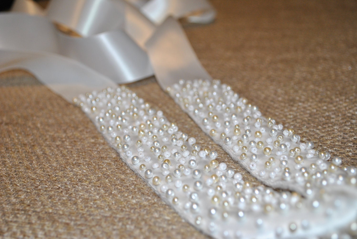 Pearl Bridal Belt - Beaded Wedding Sash: Cream, White