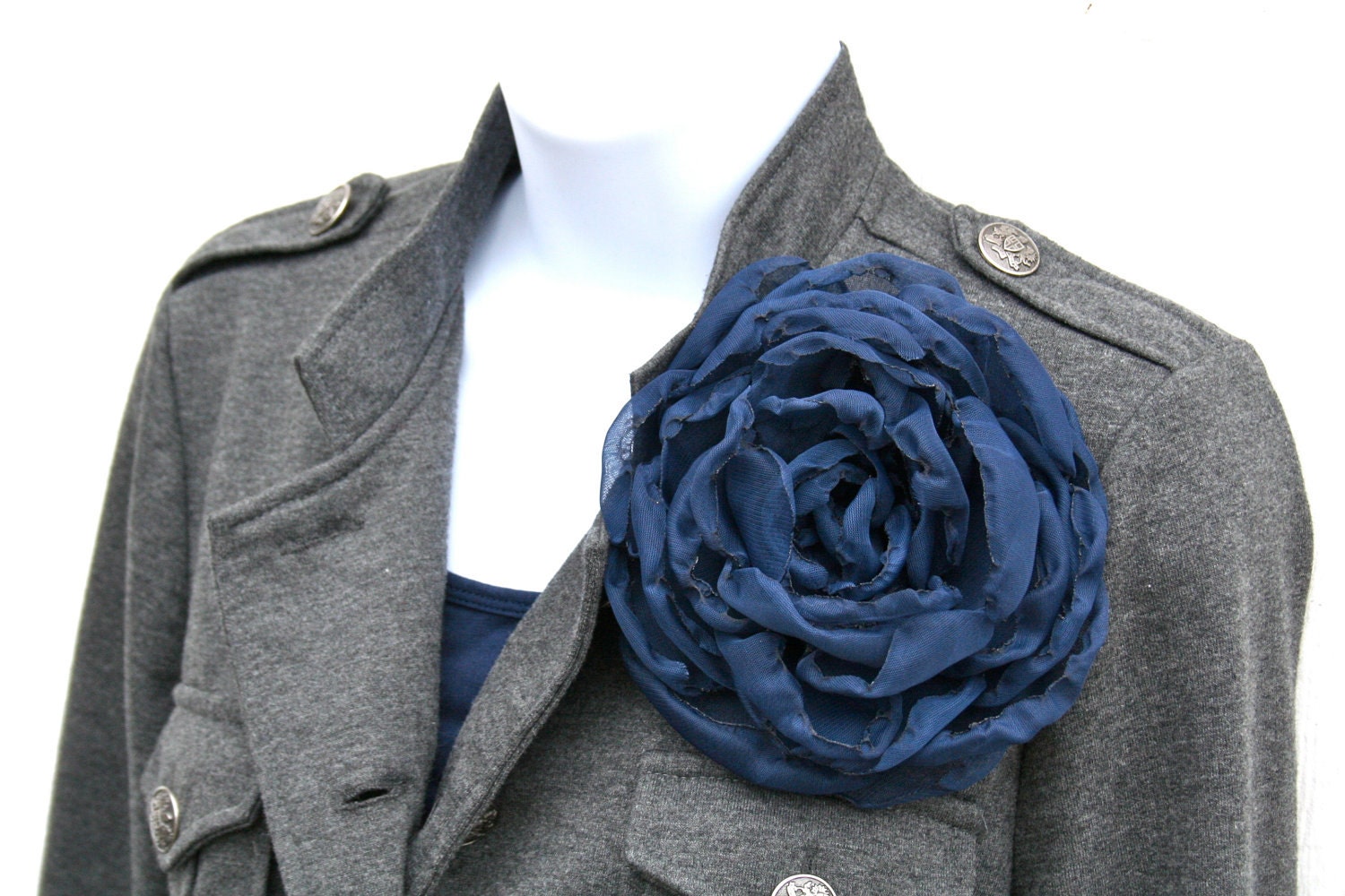 Large Navy Blue Fabric Flower can be used as a Hair Clip, Brooch or Sash