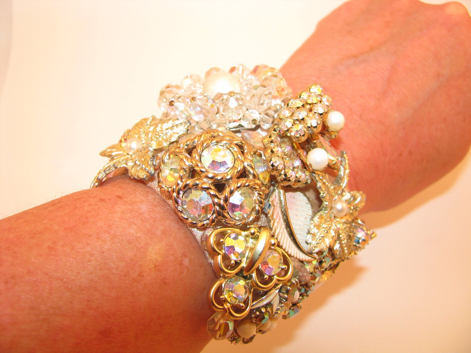 Blush Floral Flower Vintage Costume Jewelry Bracelet Blushing Bride Cuff Bracelet