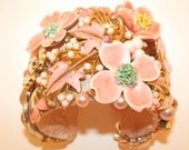 Pink Bride Wedding Leaf Floral Flower Rhinestone Statement Vintage Costume Jewelry Cuff Bracelet