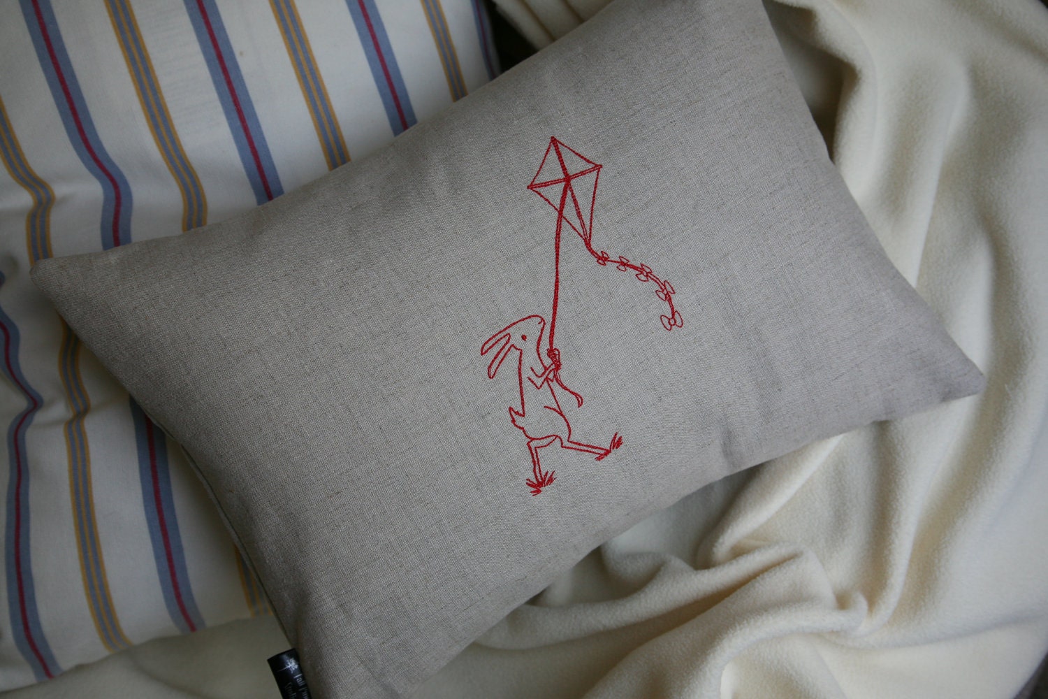 Lumbar Pillow Cover - Breezy Bunny - 12x16 Embroidered Red Rabbit & Kite on Oatmeal Linen