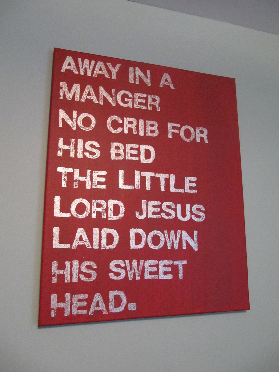 16X20 Canvas Sign, Holiday Sign, Christmas Decoration, Gift, Ready to Ship, Last Minute, Away In A Manger, Red and Silver