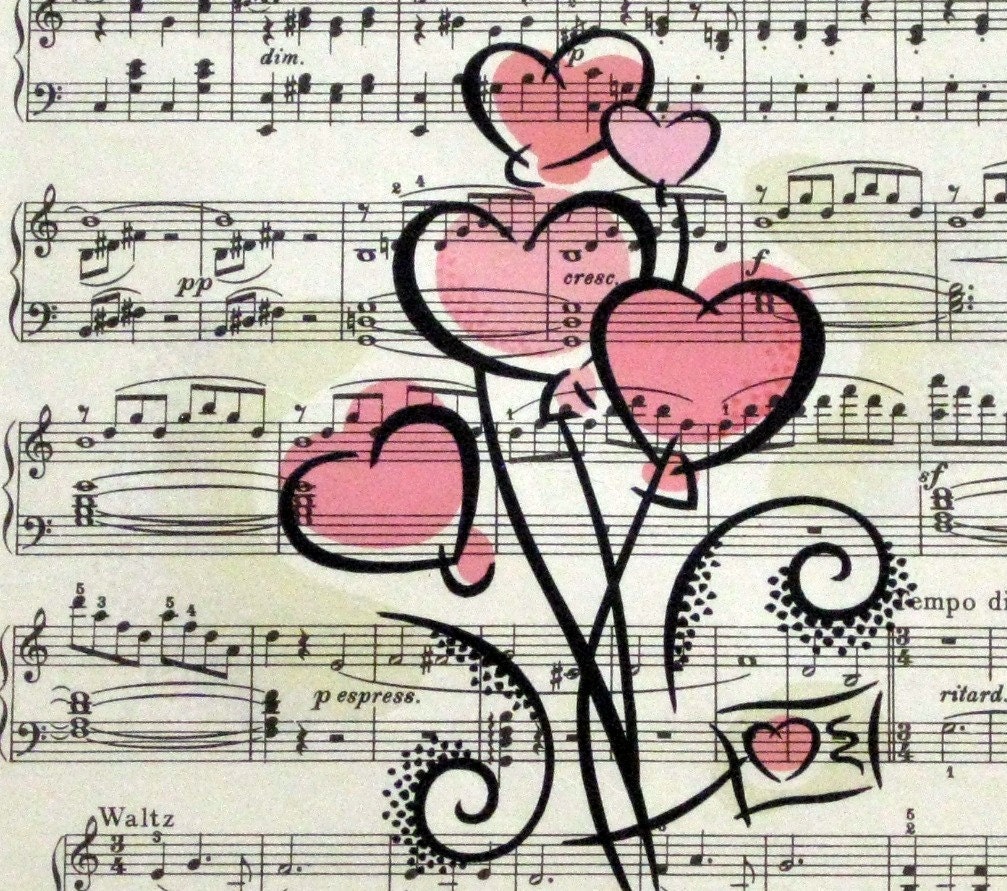 Valentine Hearts Print on Vintage Sheet Music